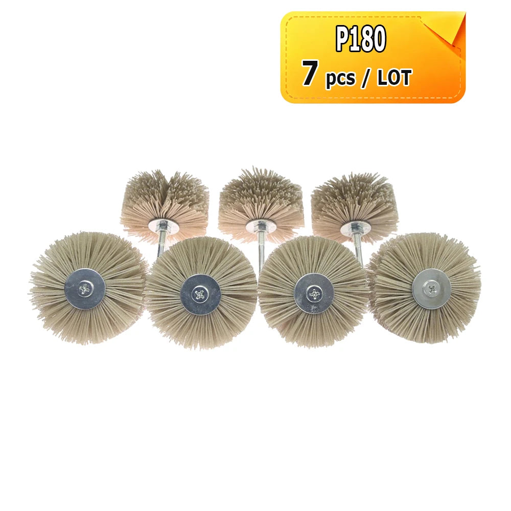 7 pcs 85x40x6mm Shank Mounted Abrasive Wire Polishing Wheel Radial Nylon Bristle Brush for Wood Root Carving Irregular Artwork