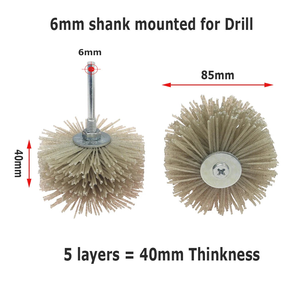 7 pcs 85x40x6mm Shank Mounted Abrasive Wire Polishing Wheel Radial Nylon Bristle Brush for Wood Root Carving Irregular Artwork