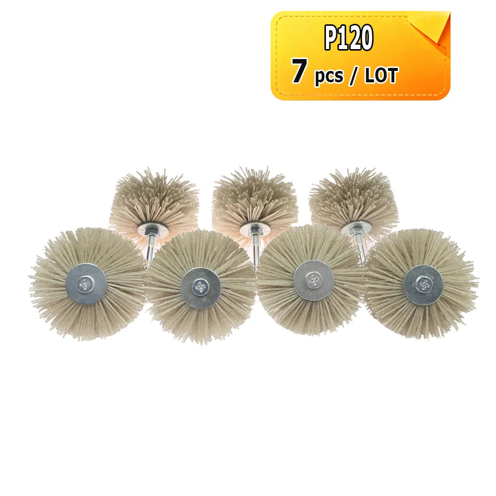 7 pcs 85x40x6mm Shank Mounted Abrasive Wire Polishing Wheel Radial Nylon Bristle Brush for Wood Root Carving Irregular Artwork