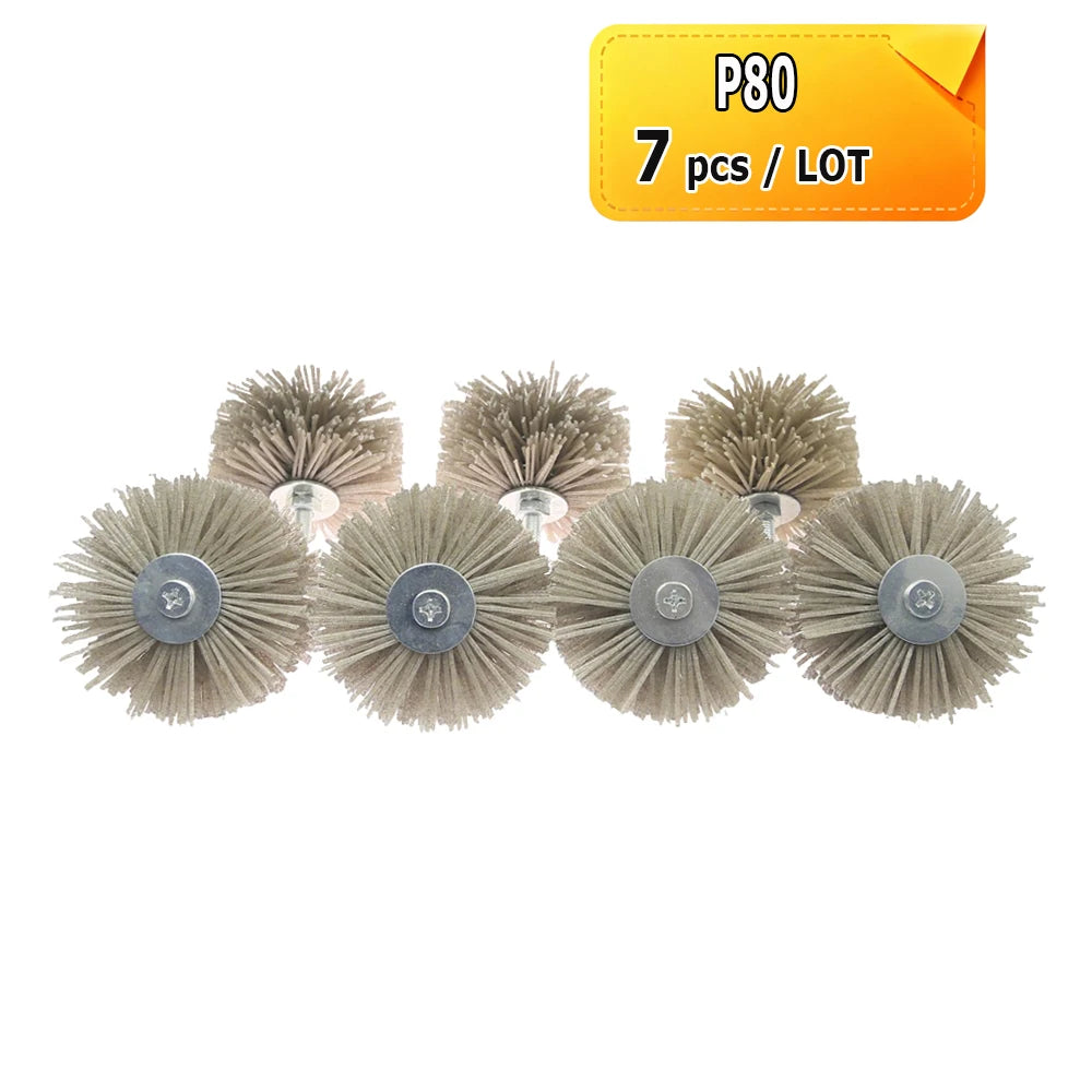 7 pcs 85x40x6mm Shank Mounted Abrasive Wire Polishing Wheel Radial Nylon Bristle Brush for Wood Root Carving Irregular Artwork