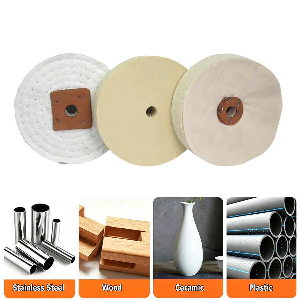 3 pieces Polishing Buffing Wheel Set - Stitched Wheel / Loose Cotton Wheel / Wool Felt Wheel / Wax Metal Mirror Finish Tool