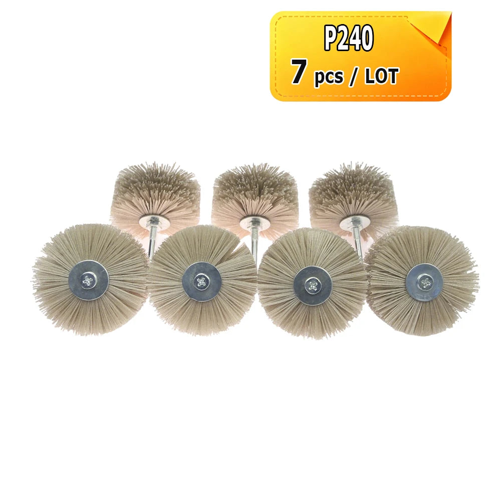 7 pcs 85x40x6mm Shank Mounted Abrasive Wire Polishing Wheel Radial Nylon Bristle Brush for Wood Root Carving Irregular Artwork