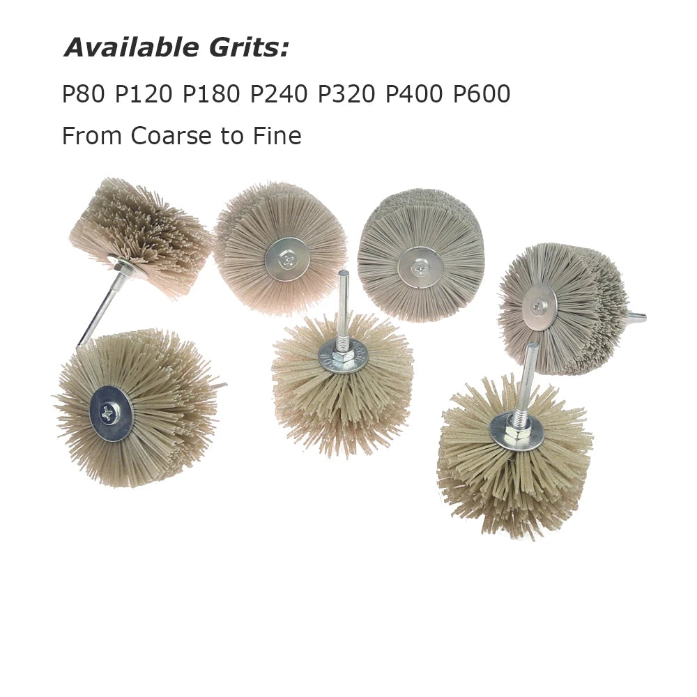 7 pcs 85x40x6mm Shank Mounted Abrasive Wire Polishing Wheel Radial Nylon Bristle Brush for Wood Root Carving Irregular Artwork