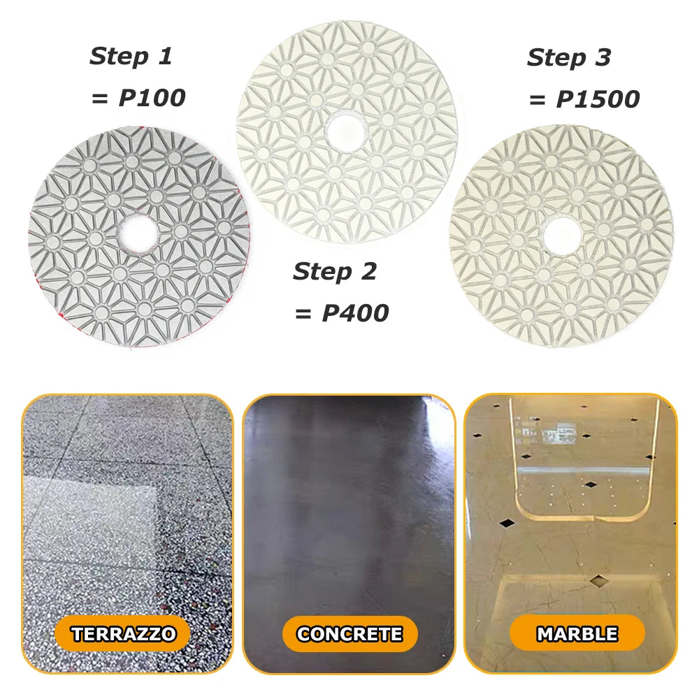 15 pcs 3-steps Polishing Pads Stone Wet Grinding Discs for Terrazzo Concrete Mable Re-new