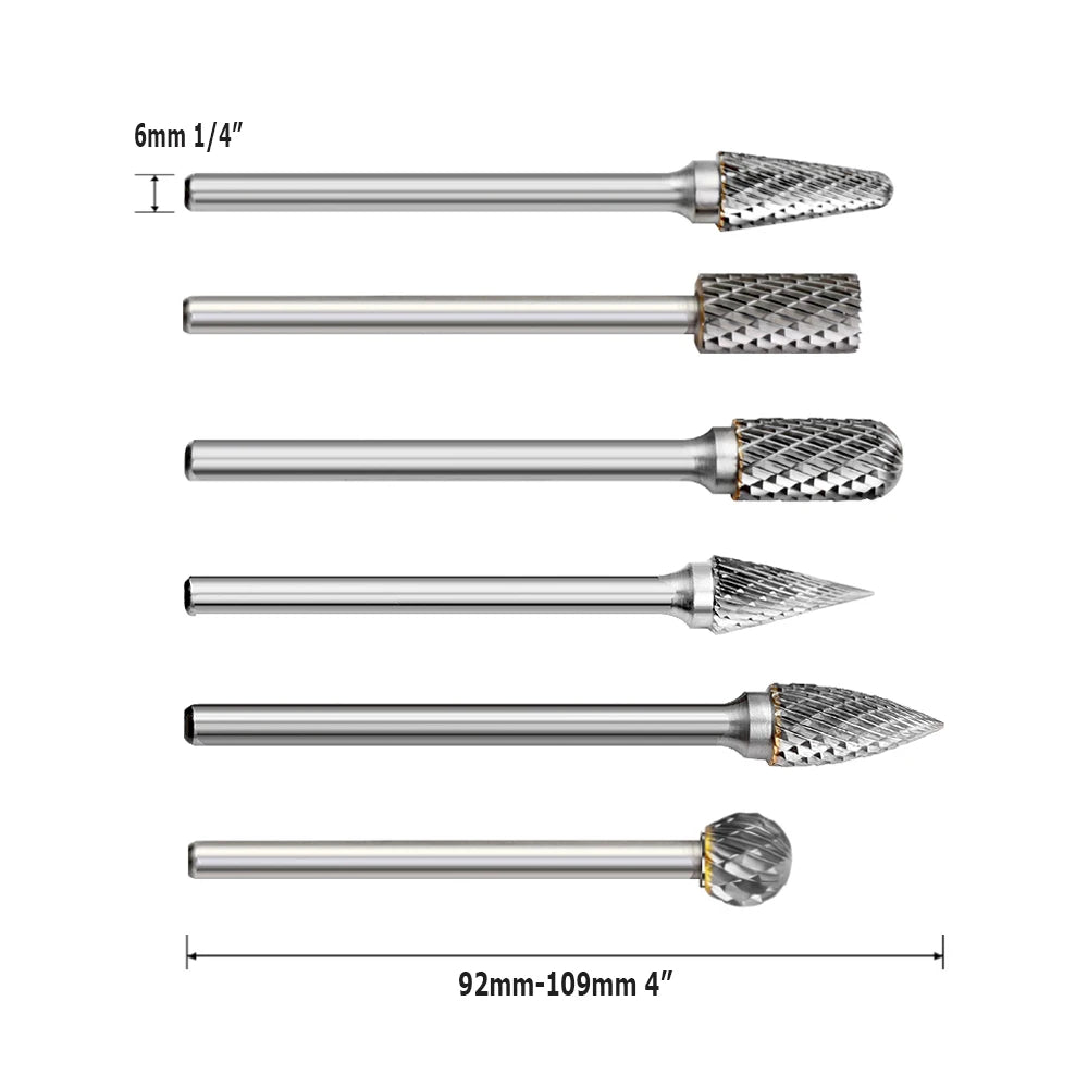 Extended Carbide Rotary File 6mm 1/4" Shank Tungsten Carbide Grinding Head, Woodworking Milling Cutter, Metal Deburring Tool
