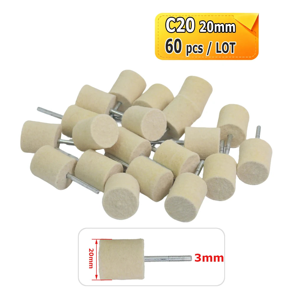 Dia. 4-20mm Wool Felt Mounted Points 3mm Shank Polishing Bobs for Mirror Finish of Metal Stone Glass Plastic