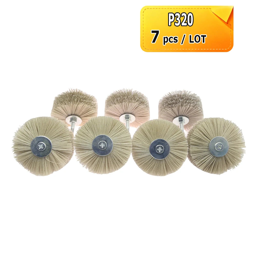 7 pcs 85x40x6mm Shank Mounted Abrasive Wire Polishing Wheel Radial Nylon Bristle Brush for Wood Root Carving Irregular Artwork